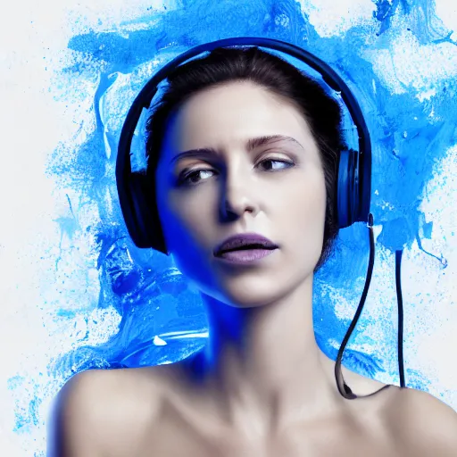 Image similar to dripping electrical blue paint across the shape of a female human listening to music, realistic , high detail, on a white background