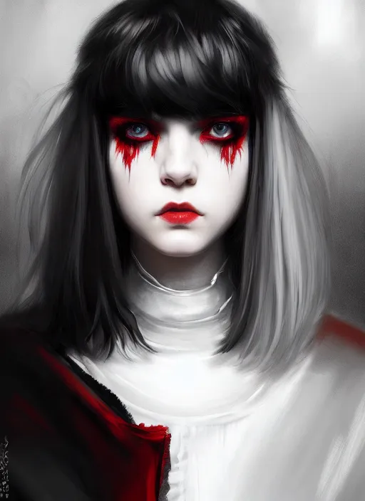 Image similar to portrait of white teenage girl, normal face, black bangs, mall goth, cyberlox, black and white hair, bangs, fluffy bangs, red contacts, intricate, elegant, highly detailed, digital painting, artstation, concept art, sharp focus, smooth, illustration, art by wlop, mars ravelo and greg rutkowski