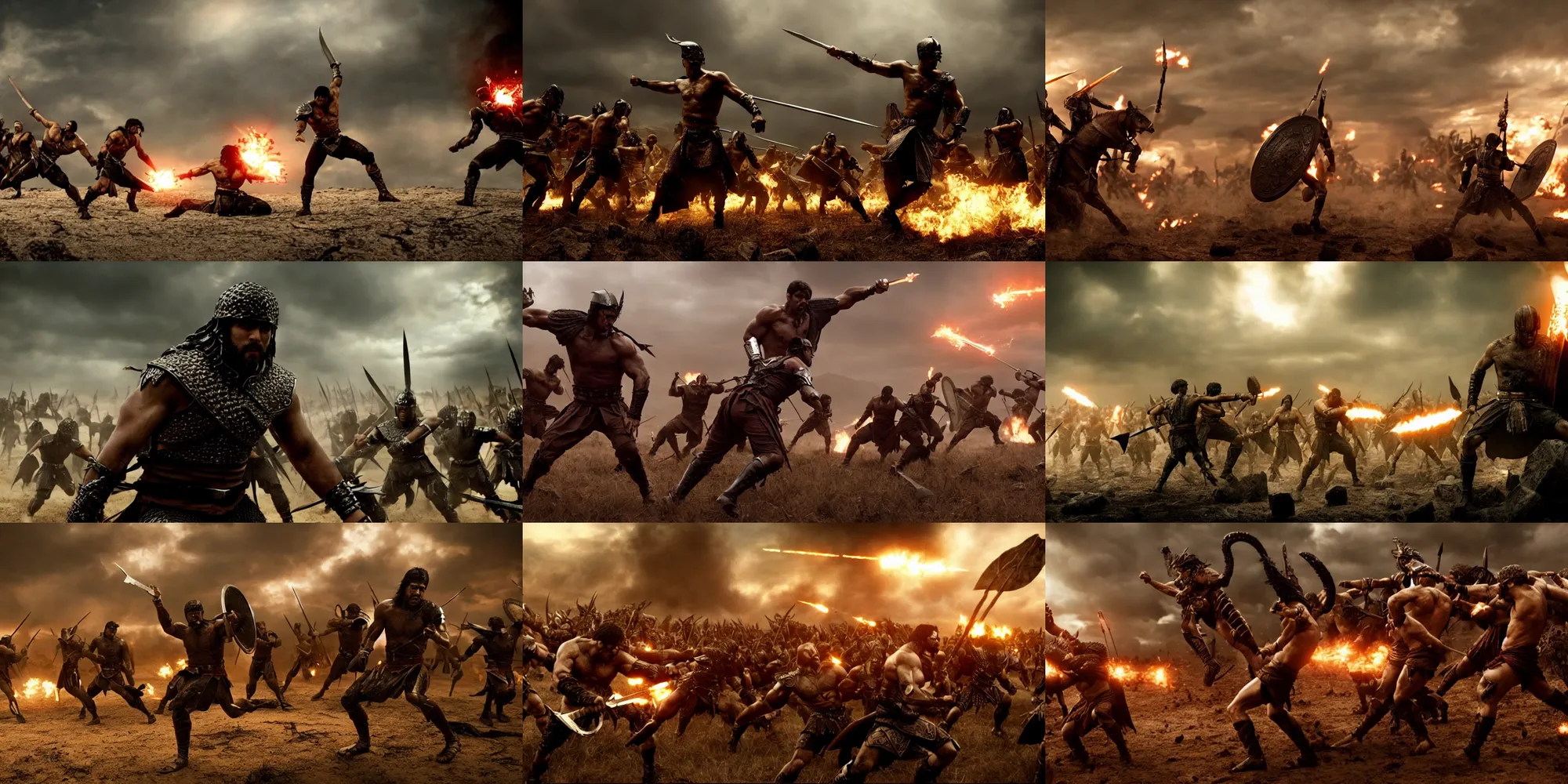 Image similar to epic battle screen of hero, film still from the movie'3 0 0'( 2 0 0 6 ), 3 d, 8 k realistic, cryengine, playstion 5 screen, cinematic lighting