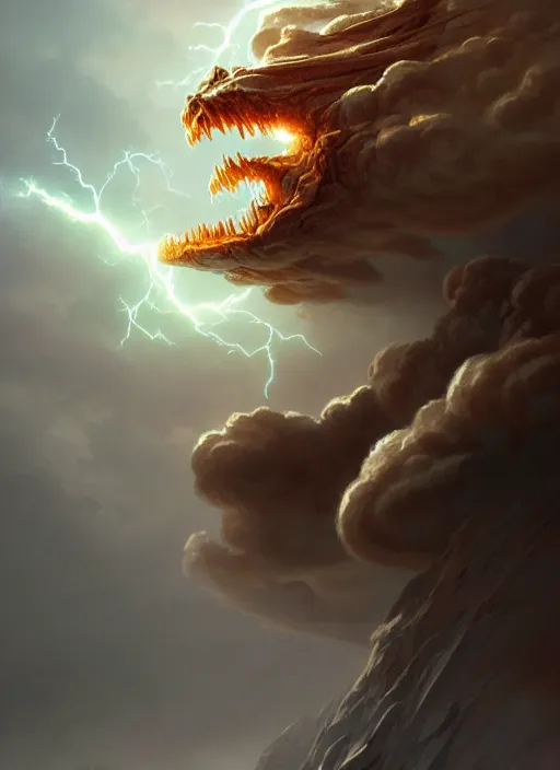 Image similar to an monstrous air elemental throwing a lightning bolt made out of clouds, intricate, brutal, highly detailed, digital painting, artstation, concept art, smooth, sharp focus, illustration, art by artgerm and greg rutkowski and alphonse mucha, 8 k