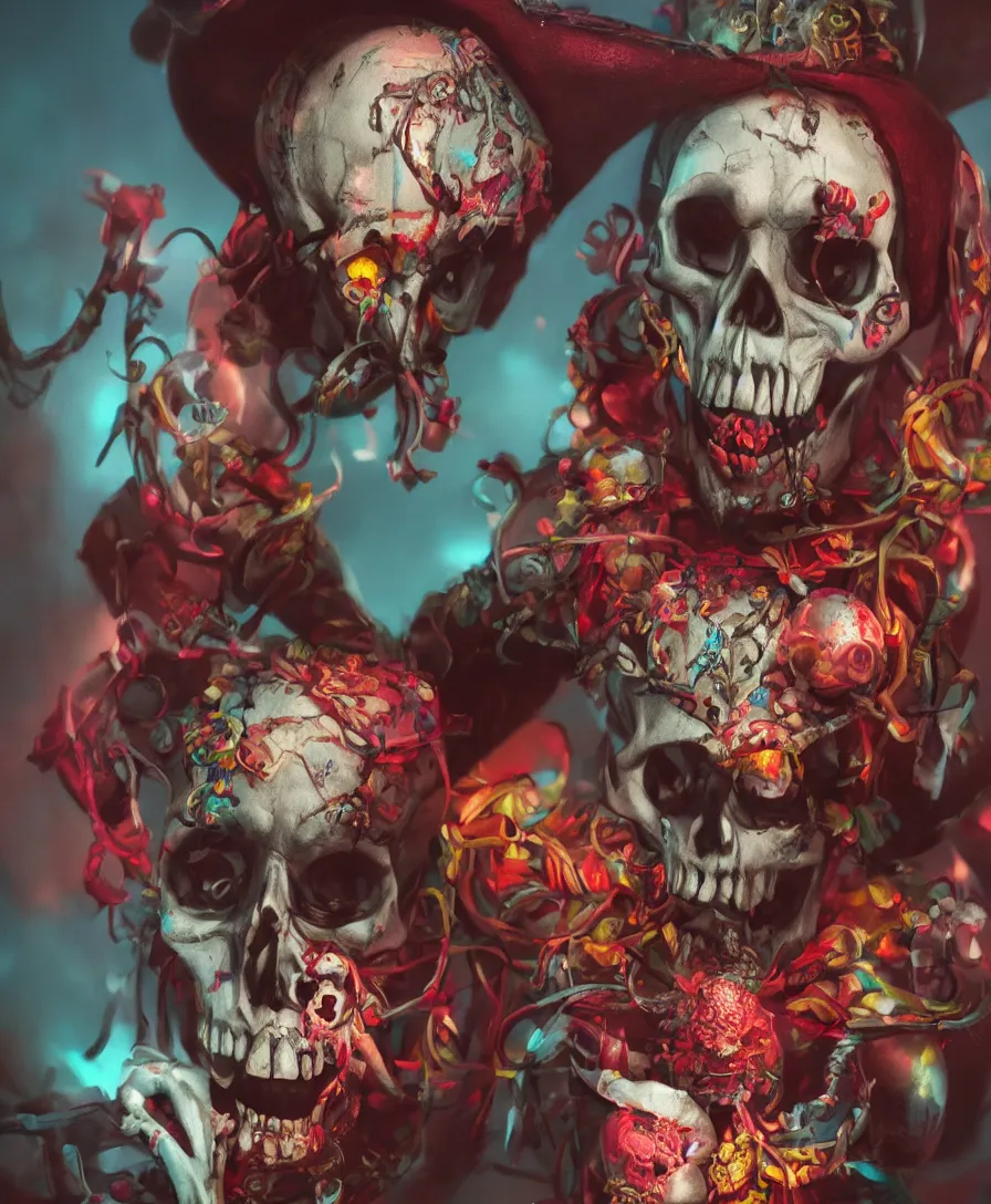 Prompt: beautiful skull clown inside a circus, highly detailed, digital painting, artstation, concept art, illustration, cinematic lighting, vibrant colors, photorealism, epic, octane render