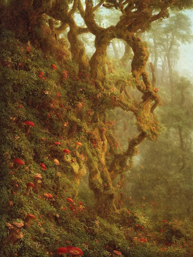 Prompt: artistic multicolor veduta of a forest with floral oak treant adorned with fungi like mycelium branches highly detailed by Agostino Arrivabene, Albert Bierstadt, Albert Koetsier and Agnes Lawrence Pelton:3, trees covered with various mushrooms:1, brown:-1