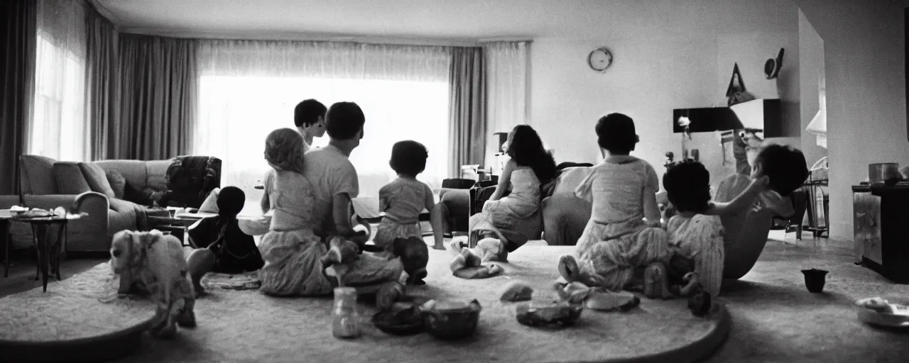 Image similar to a family watching the moon landing on tv, eating spaghetti, in the style of diane arbus, canon 5 0 mm, wes anderson film, kodachrome, retro
