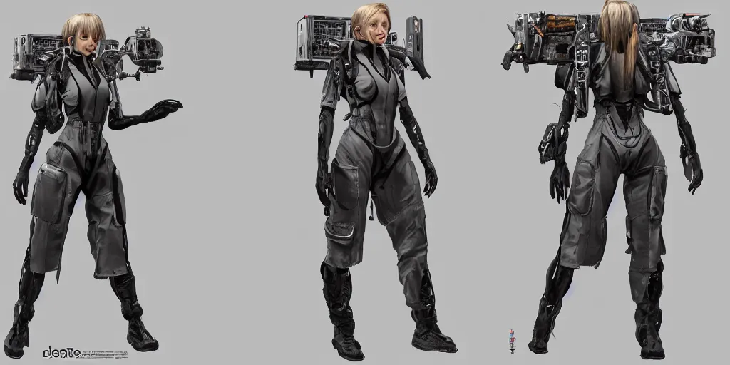 Prompt: front and back character view of a woman in scientist's jacket with a system of straps and pouches for collecting material by Donato Giancola and Tetsuya Nomura, trending on artstation and pixiv clean sci-fi concept art and sheet that using unreal engine 5 render and hyper detailed 3D texture with cinematic software light