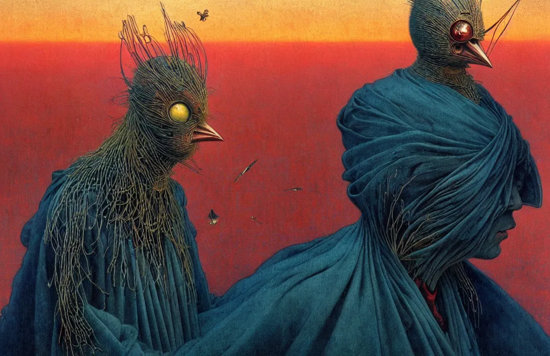 Image similar to realistic detailed portrait movie shot of a birdman wearing dark ragged robes, futuristic city sunset landscape background by denis villeneuve, amano, yves tanguy, alphonse mucha, ernst haeckel, max ernst, roger dean, masterpiece, rich moody colours, bird head, blue eyes, hyperdetailed