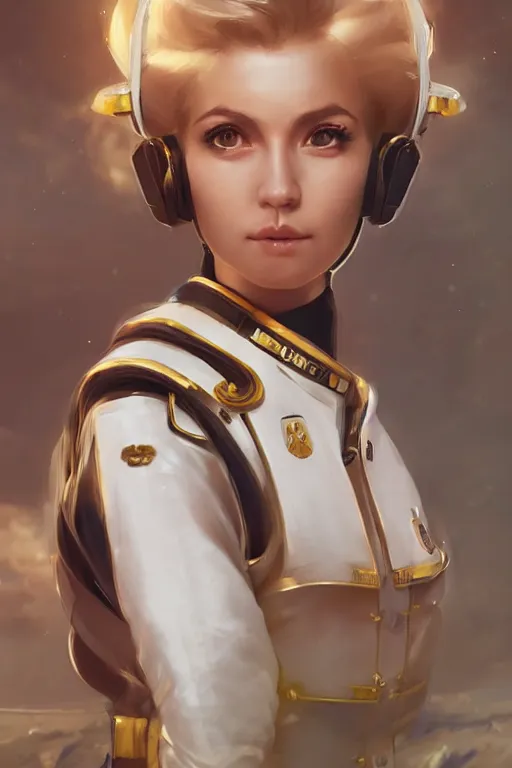 Prompt: beautiful portrait of a female officer wearing a fancy naval uniform, art by wlop and artgerm, science fiction, detailed eyes, blonde hair, space background, trending on artstation, sharp focus, illustration, caustics, octane render, 4 k, radiant light