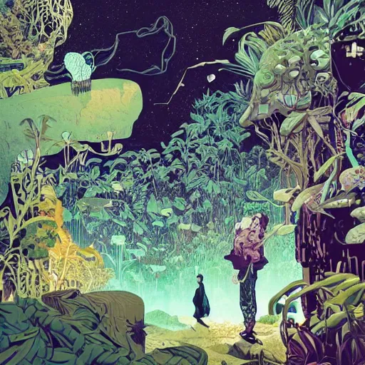 Image similar to a group of explorers in the overgrown jungle in a large alien cave, surreal photography zzz, dramatic light, by victo ngai by james jean, by rossdraws, frank franzzeta, mcbess