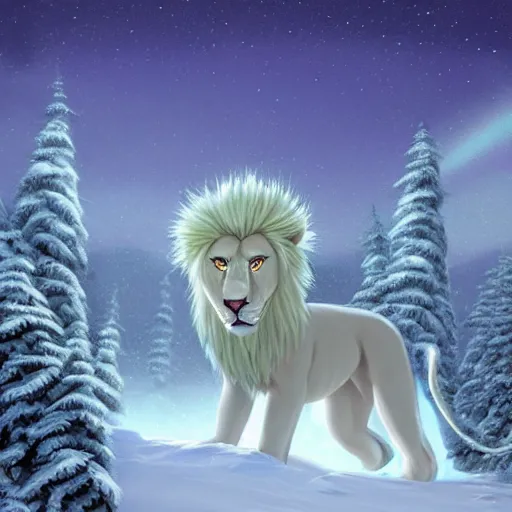 Image similar to aesthetic portrait commission of a albino male furry anthro lion in the north pole with the northern lights visible in the sky and the background while wearing a cute green jacket cozy soft pastel winter outfit, sleet rain, winter atmosphere. character design by charlie bowater, ross tran, artgerm, and makoto shinkai, detailed, inked, 2 0 2 1 award winning painting