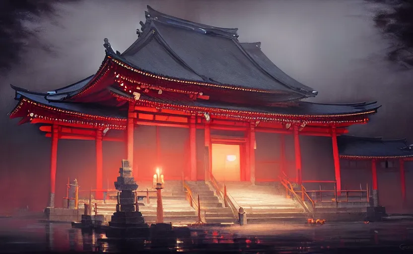 Prompt: painting of a Japanese temple with candles by Greg Rutkowski and Craig Mullins, Dark cold atmospheric sad and cinematic lighting, Trending on artstation