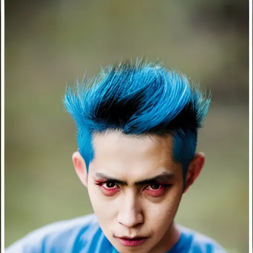 Image similar to rimuru tempest, young man blue hair ( ( ( ( ( yellow eyes ) ) ) ) ), canon eos r 3, f / 1. 4, iso 2 0 0, 1 / 1 6 0 s, 8 k, raw, unedited, symmetrical balance, in - frame
