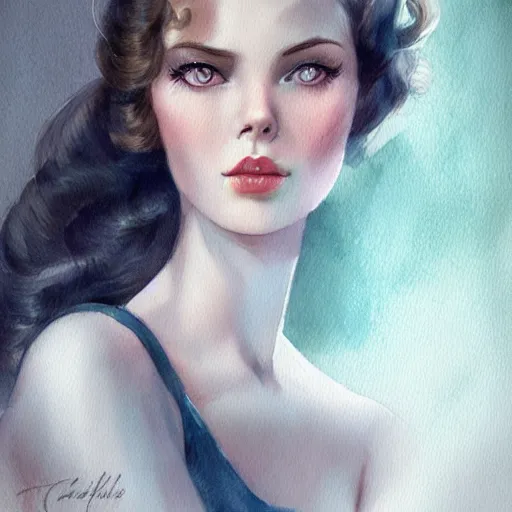 Image similar to 1940s style brunette haired girl, green eyes, artstation, watercolor, highly detailed, portrait, by Charlie bowater