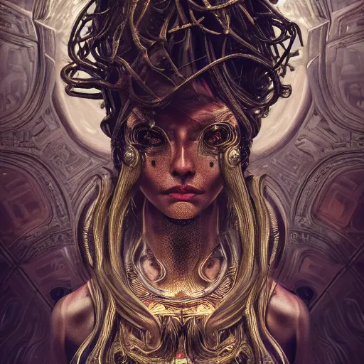 Image similar to Cyberpunk medusa, dark atmosphere, cinematic shot, intricate, ornate, photorealistic, ultra detailed, realistic, 35mm, photography, neon, octane, high definition, depth of field, bokeh, 8k, artstation, ((alphonse mucha)), (hr giger)