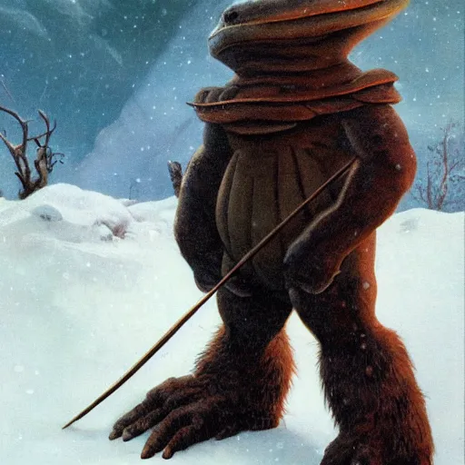 Image similar to anthropomorphic turtle humanoid, carapace, frank frazetta, blizzard, winter, night, furs, fantasy