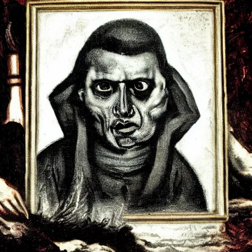 Image similar to portrait of alexander abdulov, with a red eyes, satanic body, head of old man, in blood of sinners, hellish style