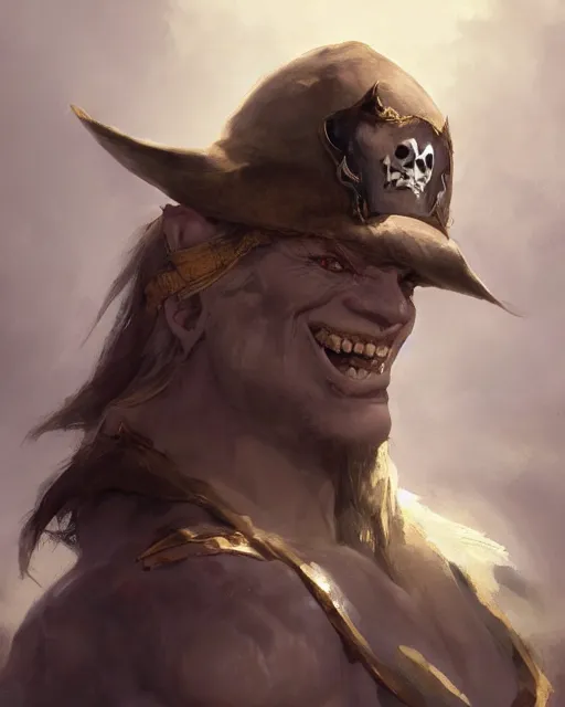 Prompt: portrait of a pale skin self confident smiling orc with a pirate hat, dramatic lighting concept art by craig mullins and ruan jia and raphael lacoste, trending on artstation