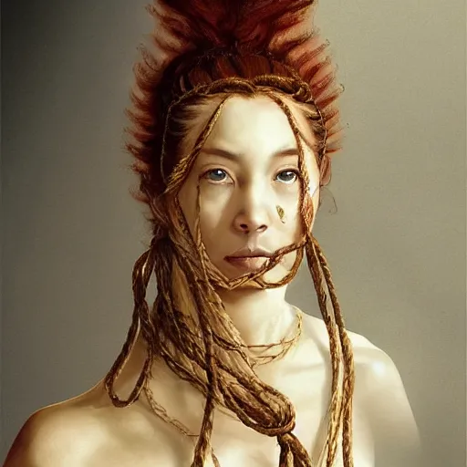 Image similar to portrait of a Shibari rope wrapped face and neck, headshot, insanely nice professional hair style, dramatic hair color, digital painting, of a old 18th century, traveler, amber jewels, baroque, ornate clothing, scifi, realistic, hyperdetailed, chiaroscuro, concept art, art by Franz Hals and Jon Foster and Ayami Kojima and Amano and Karol Bak,