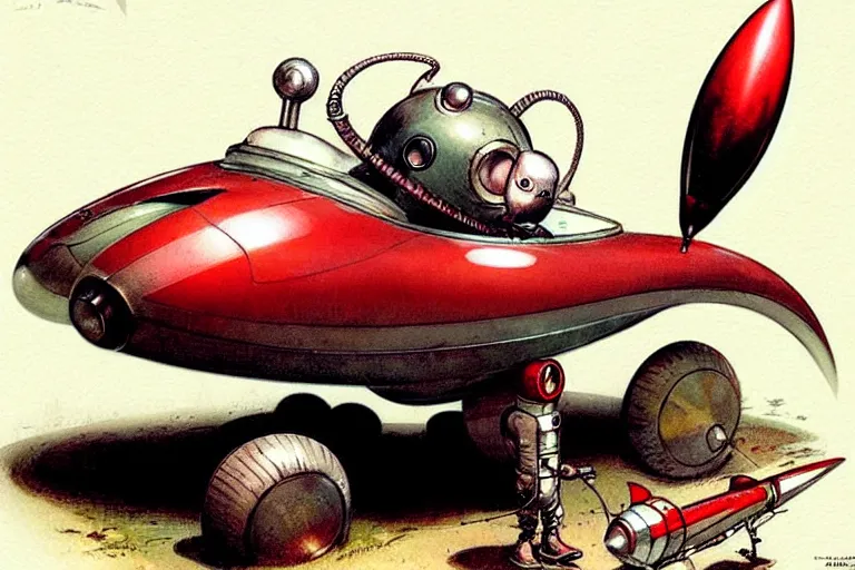 Image similar to adventurer. 1 9 5 0 s retro future robot android mouse rv rocket sled robot. muted colors.. by jean baptiste monge. chrome red