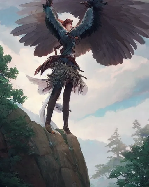 Image similar to a female anthropomorphic eagle warrior standing heroically on a rock, she is wearing feathers. trees. atmospheric lighting. Eagle girl. By Makoto Shinkai, Stanley Artgerm Lau, WLOP, Rossdraws, James Jean, Andrei Riabovitchev, Marc Simonetti, krenz cushart, Sakimichan, D&D trending on ArtStation, digital art.