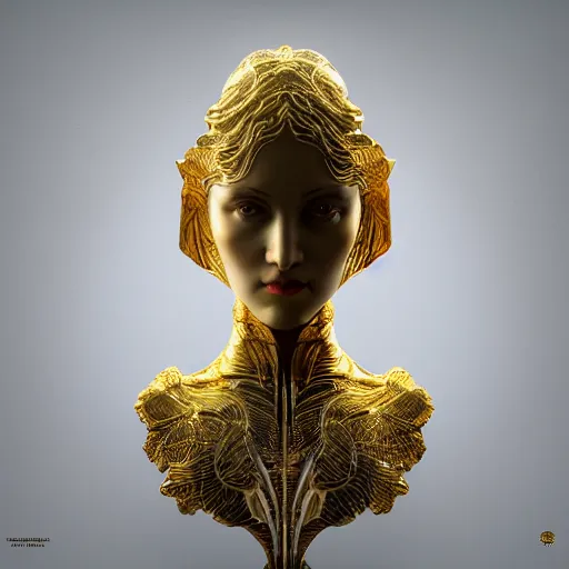 Image similar to Ultra detailed 3d render Macro of a marble statue, beautiful woman face, symmetrical composition, intricate thin details in gold, By James Jean and Tom Bagshaw and Victo Ngai and Craig Mullins, fantasy flowers and leaves, octane render, 8k, high quality, volumetric lighting, color grading