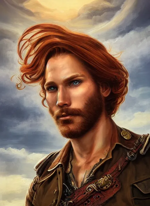 Image similar to portrait painting of a handsome face rugged long hair crimson hair male captain, top half portrait soft hair steampunk ornate mechanical zeppelin airship in the background sky sunset golden hour fantasy rugged book cover art atmospheric lighting art by mullins rutkowski bussiere