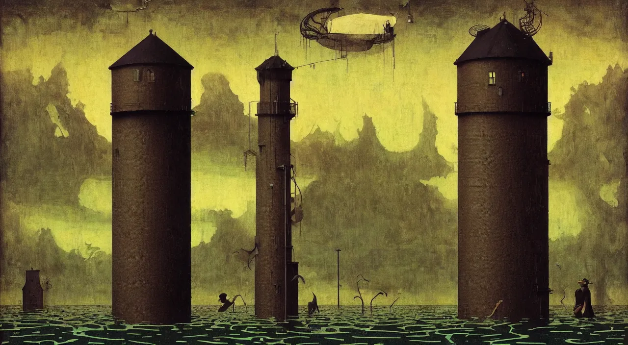 Prompt: single flooded simple!! ( lovecraftian ) water tower anatomy, very coherent and colorful high contrast masterpiece by norman rockwell franz sedlacek hieronymus bosch dean ellis simon stalenhag rene magritte gediminas pranckevicius, dark shadows, sunny day, hard lighting