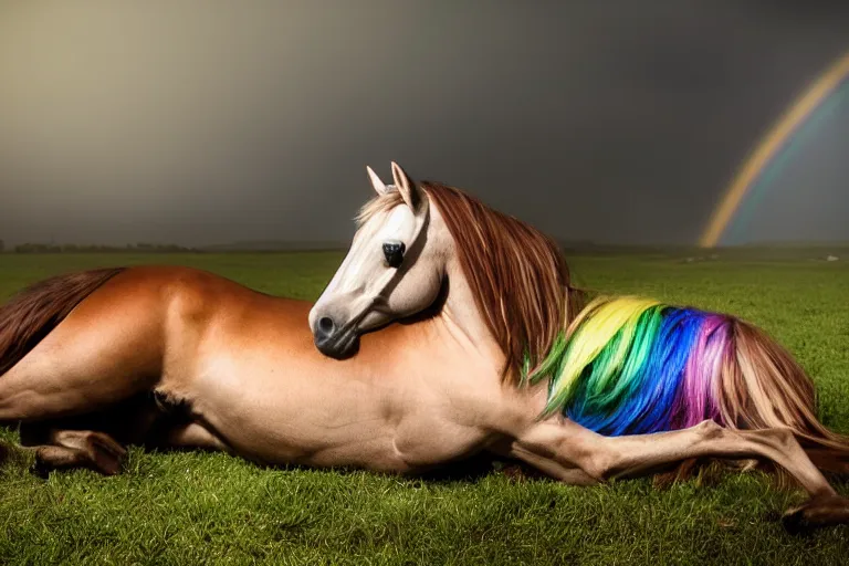 Prompt: Rainbow_Dash, Horse laying down, Professional equine photography with mood lighting, Equestria