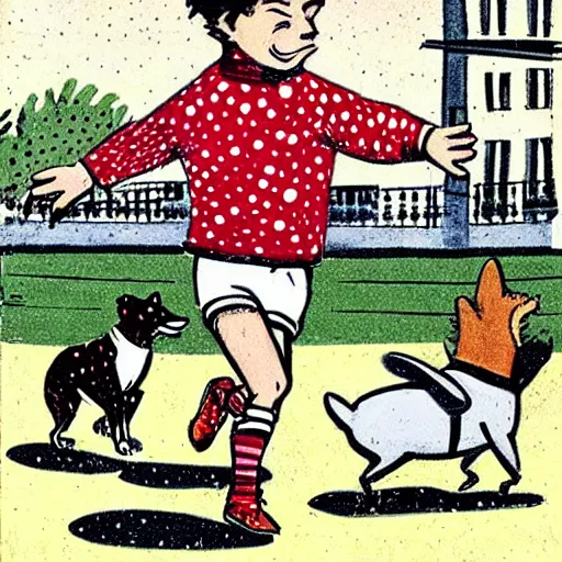 Image similar to illustration of french boy on the streets of paris playing football against a corgi, the dog is wearing a polka dot scarf, comic, 1 9 6 2