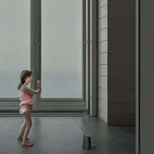 Prompt: a girl's hand caress an air conditioner in a room, outside another air conditioner on the terrace connected by transparent tubes with a liquid inside, depth of field, sunny, ultra realistic, very detailed, 8 k hyper realistic detailed cinematic still by nadav kander