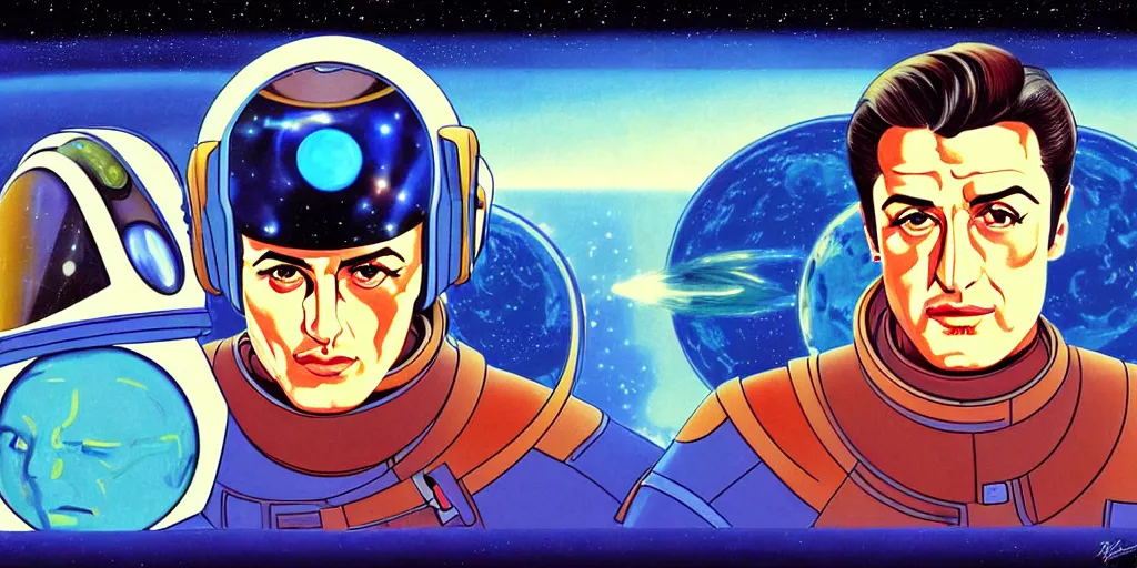 Prompt: traditional drawn colorful animation a symmetrical portrait of Alain Delon Stallone pilot in posing in spaceship station planet captain bridge, сomet tail, outer worlds, robots, extraterrestrial hyper contrast well drawn in Jean Henri Gaston Giraud animation film The Masters of Time FANTASTIC PLANET La planète sauvage animation by René Laloux