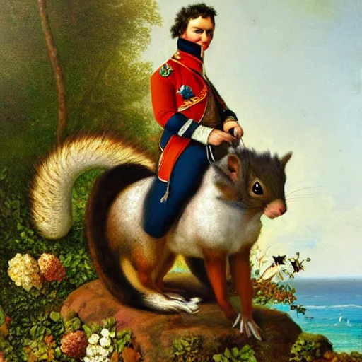 Prompt: a giant fluffy squirrel carrying napoleon bonaparte on its back, beach scene, flowers and foliage, detailed oil painting