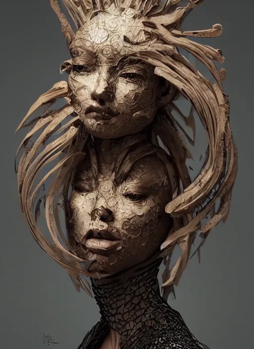 Image similar to sculpture made of wood, portrait, female, future, shaman, harper's bazaar, vogue, magazine, intricate, concept art, close up, ornate, luxury, elite, elegant, trending on artstation, by ruan jia, by Kenneth Willardt, by ross tran, by WLOP, by Andrei Riabovitchev,