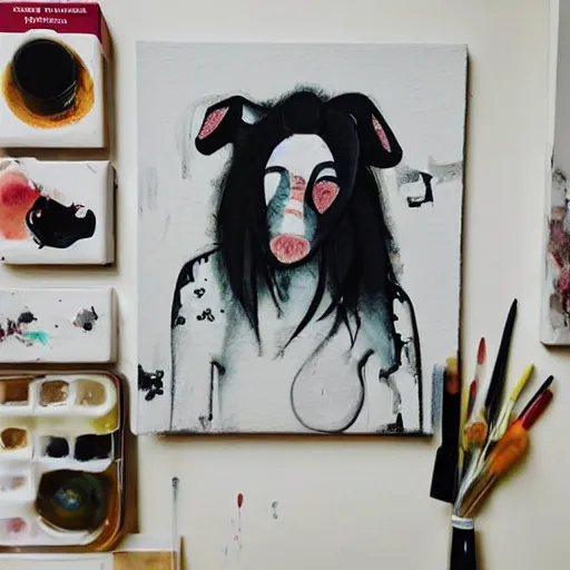 Image similar to “ a portrait in a female art student ’ s apartment, sensual, a pig theme, art supplies, paint tubes, ikebana, herbs, a candle dripping white wax, black walls, squashed berries, berry juice drips, acrylic and spray paint and oilstick on canvas, surrealism, neoexpressionism ”