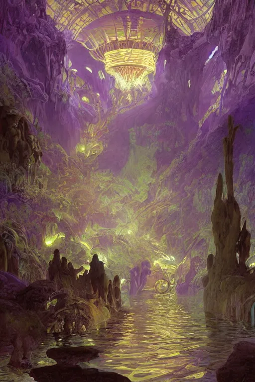 Prompt: Concept Digital Art Highly detailed Alien Art Deco Riza 4 lazy river inside of mount Vesuvius with glowing purple water at midnight, starfleet shore leave, by greg rutkowski, alphonse mucha, and Edmund Blair Leighton. Very highly detailed 8K, exquisite rendering, octane, drum scanner, Digital painting, the golden ratio, rational painting, sharp