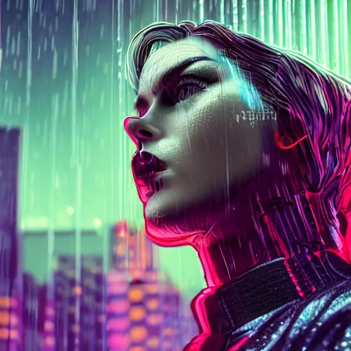 Image similar to comic book woman portrait made out of rain, beautiful, stylish suit, cyberpunk background, neon, rendered in octane, unreal engine, matte painting, sharp focus, trending on artstation, futuristic, space