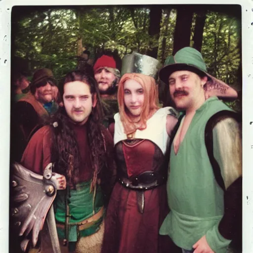 Image similar to polaroid photo from 1998 fantasy cosplay ren-fair of a fellowship at a tavern