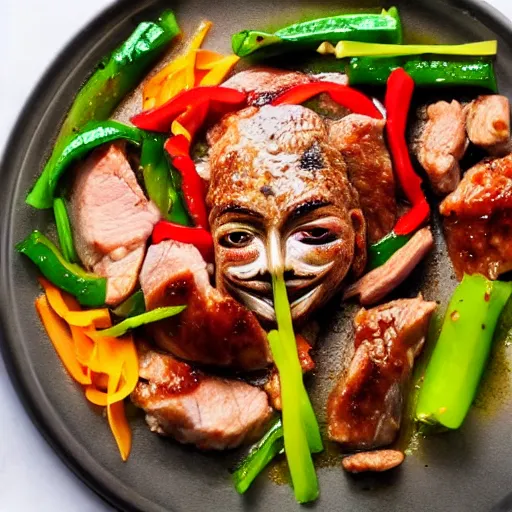 Image similar to anonymous with face on stirfry pork, cinematic dramatic composition