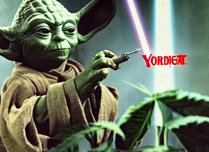 Image similar to vintage 1 9 7 7 star wars movie poster, of yoda with bloodshot eyes smoking a huge marijuana cigarette, surrounded by cannabis plants