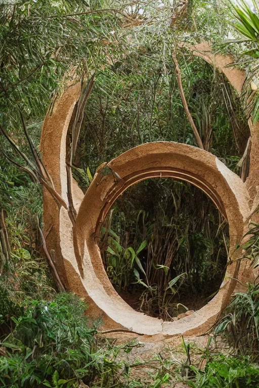 Prompt: a stargate in the desert through which a jungle is visible