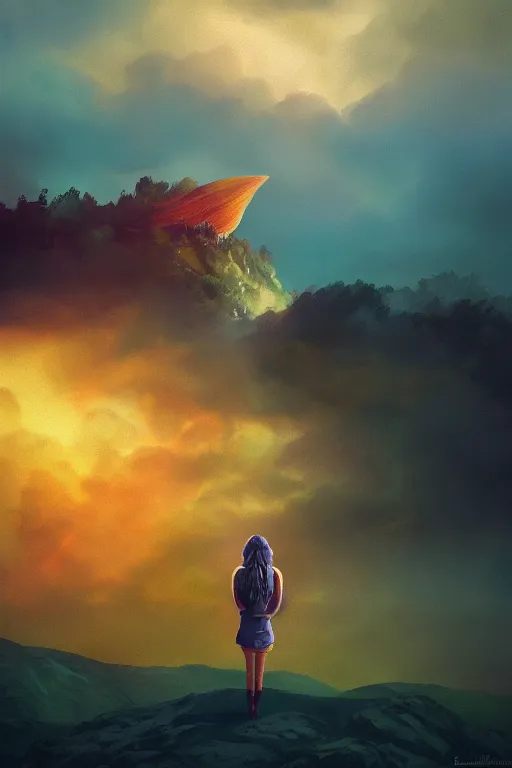 Image similar to closeup perspective, giant dahlia flower as head, girl standing on mountain, surreal photography, blue storm clouds, dramatic light, impressionist painting, digital painting, artstation, simon stalenhag