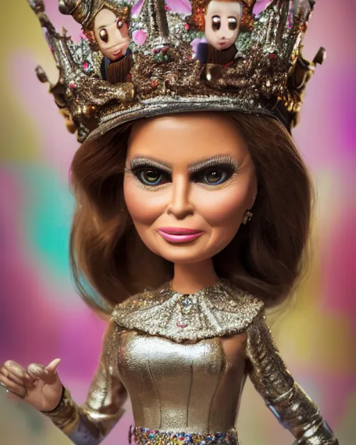 Prompt: highly detailed closeup, face profile portrait of a tin toy melania trump as a fairytale princess wearing a crown and eating cakes, bikini, depth of field, nicoletta ceccoli, mark ryden, lostfish, dan decarlo, bob clampett, max fleischer, breathtaking, detailed and intricate environment, 8 k resolution, hyperrealistic, octane render