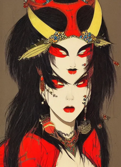 Image similar to junoesque female korean vampiress, jeweled headdress, heavy mascara, strong line, saturated color, beautiful! coherent! by frank frazetta, high contrast, minimalism