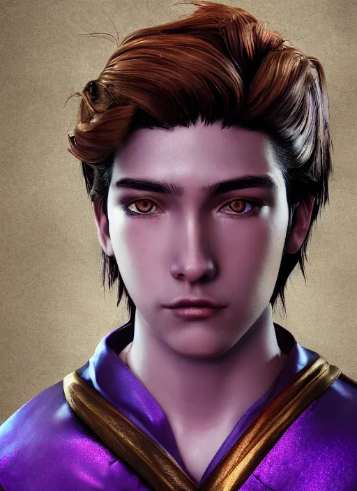 Image similar to An epic fantasy comic book style portrait painting of teenager boy with straight indigo hair, purple eyes with red eye markers, slim body, wearing a detailed Japanese kimono with golden armor pieces, holding a japanese fan. Unreal 5, DAZ, hyperrealistic, octane render, cosplay, RPG portrait, dynamic lighting