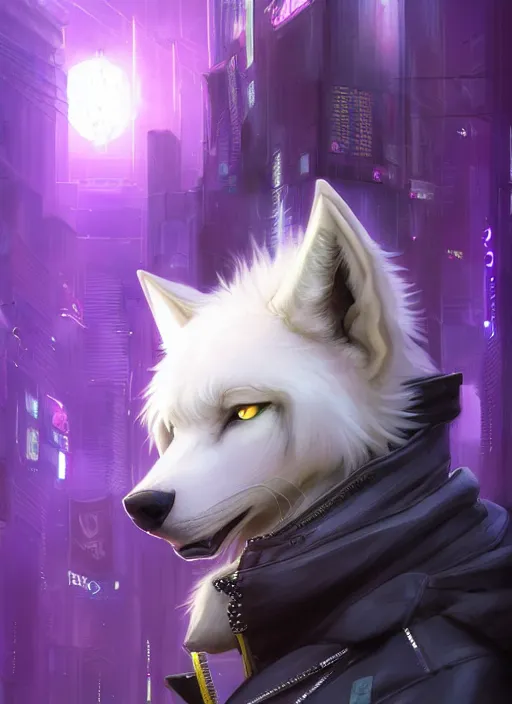 Image similar to award winning beautiful portrait commission of a male furry anthro albino wolf fursona with a tail and a cute beautiful attractive detailed furry face wearing stylish black, purple and yellow cyberpunk biker clothes in a cyberpunk city at night while it rains. Character design by charlie bowater, ross tran, artgerm, and makoto shinkai, detailed, inked, western comic book art