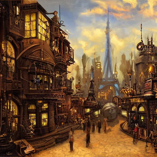 Image similar to a steampunk city in the style of James gurney, famous oil painting, award winning