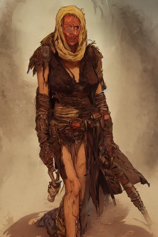 Image similar to a full body portrait of a beautiful post apocalyptic offworld sorcerer ’ s district bedouin blind pulp fiction scarlet wild rogue barbarian leper begging by the roadside, intricate, elegant, highly detailed, digital painting, artstation, concept art, smooth, sharp focus, illustration, art by krenz cushart and artem demura and alphonse mucha