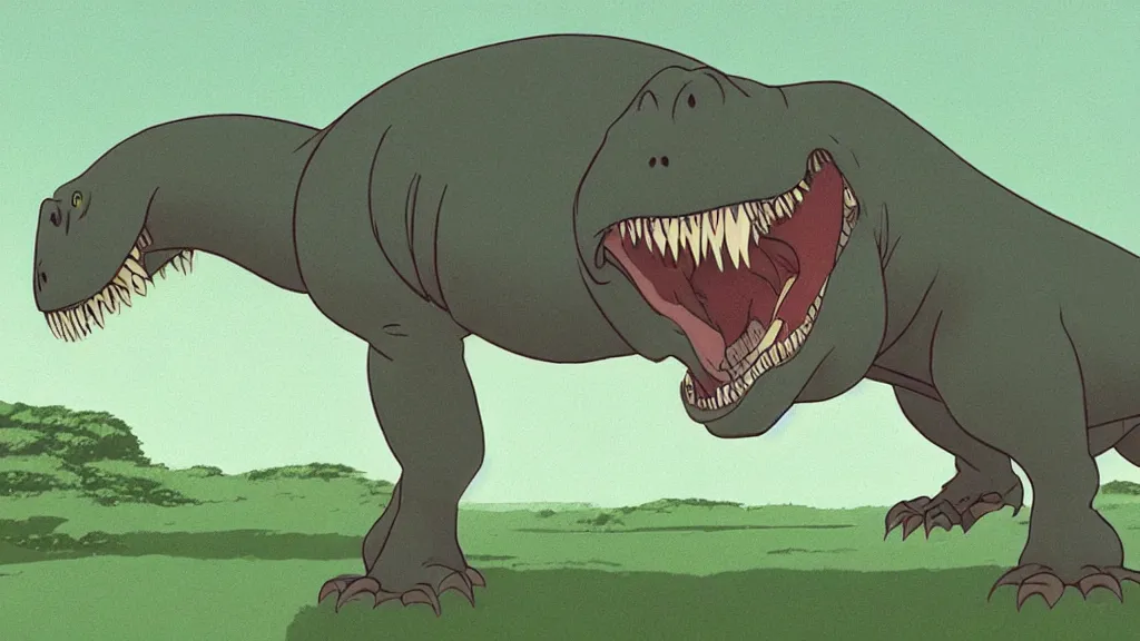 Prompt: A T-rex from a film still by Disney Animation Studios, 1994, cel shading, by Andy Gaskill and Rob Minkoff and Studio Ghibli. Cinematic. Clean lines. Coherent.