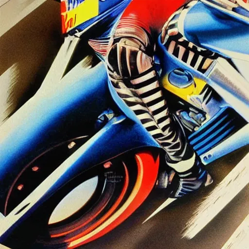 Prompt: photorealistic picture, by bob peak and alex ross, moto gp ads in 1 9 9 0 s, gouache and wash paints, fine details, fine intricate, fine facial proportionate, fine body proportionate, fine posse proportionate, smooth sharp focus, sharp focus