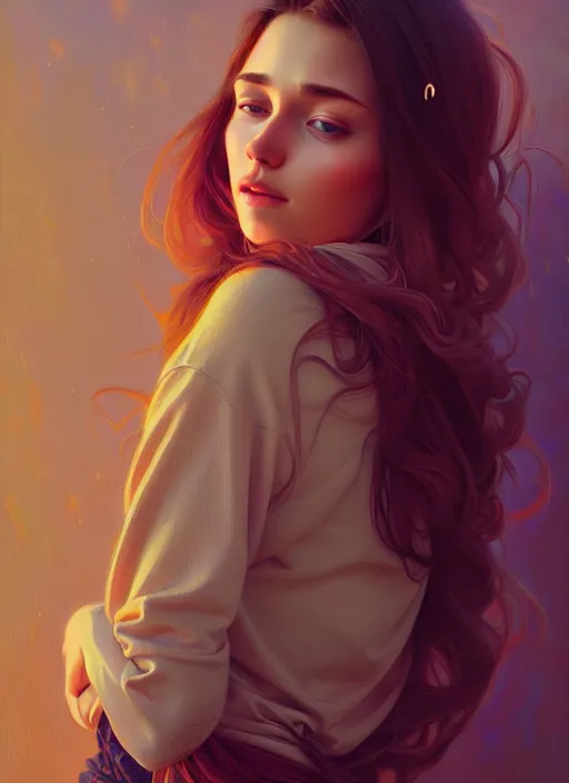 Image similar to attractive young women with shoulder length brown hair, half body shot, path traced, highly detailed, high quality, digital painting, alena aenami, lilia alvarado, shinji aramaki, karol bak, alphonse mucha, tom bagshaw