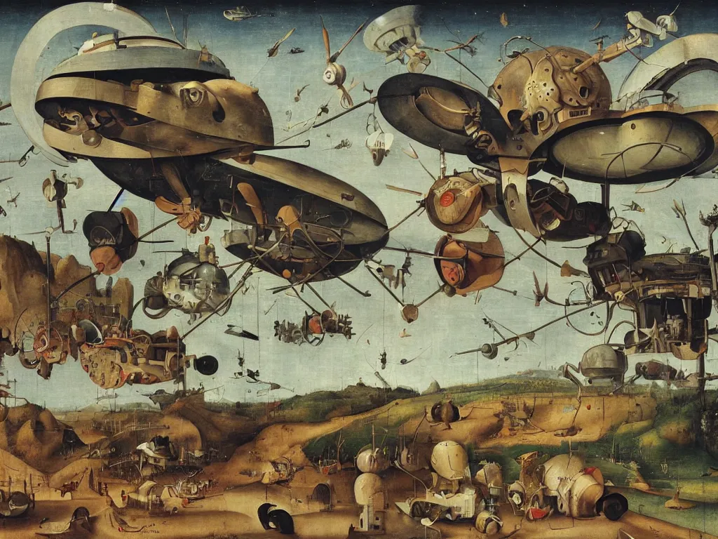 Image similar to dream bot mothership above a giant forehead. painting by bosch, walton ford