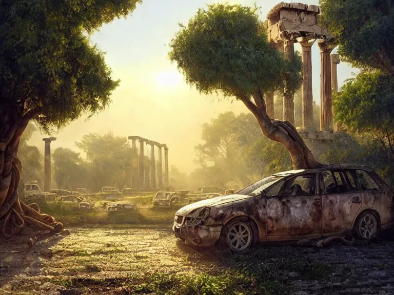 Image similar to a tree growing on a scrap car in ancient greek ruins, gray wasteland, many scrap cars, overgrown, pillars and arches, colorful flowers, vines, hyperrealistic, highly detailed, cinematic, ray of golden sunlight, beautiful, cgsociety, artstation, 8 k, oil painting by greg rutkowski, by artgerm, by wlop